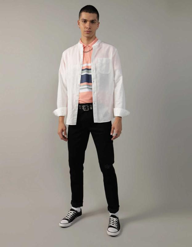 AE Band Collar Linen-Blend Button-Up Shirt - Air White, XXL 