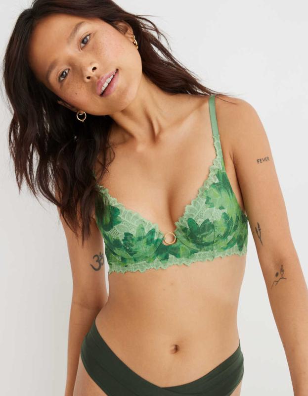 Aerie Real Power Plunge Push Up Sunkissed Lace Bra - Green Mission, 75D 