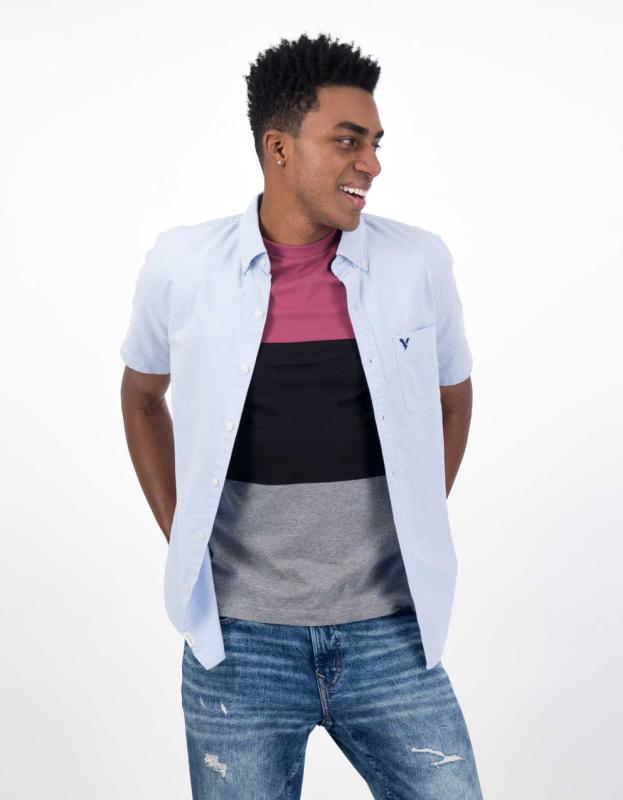 AE Short-Sleeve Everyday Oxford Button-Up Shirt - Blue, M 