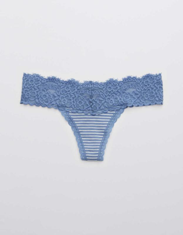 Aerie Cotton Eyelash Lace Striped Thong Underwear - Coast, M 