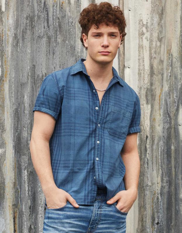 AE Plaid Button-Up Resort Shirt - Navy, XL 