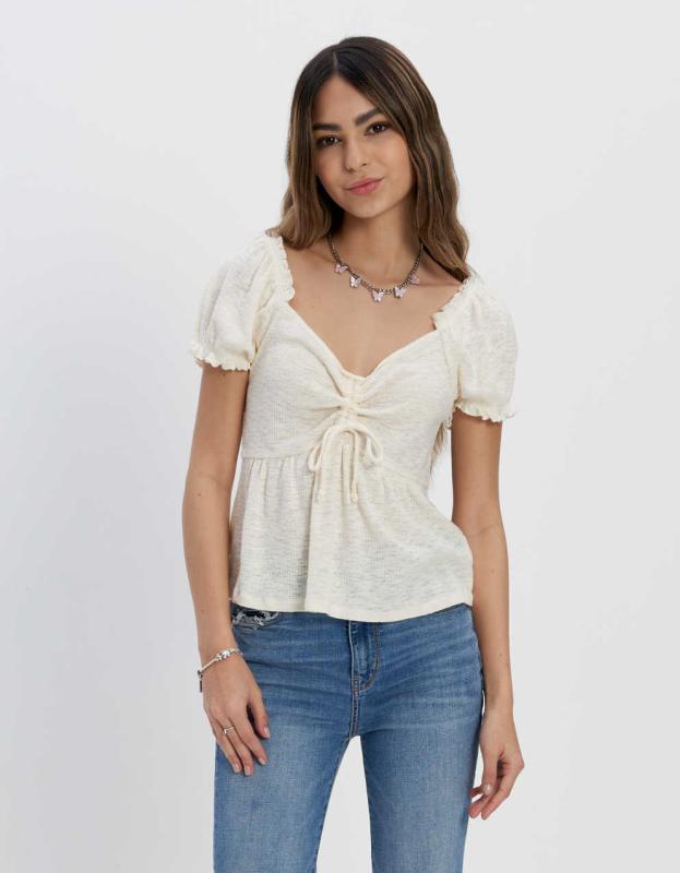 AE Puff-Sleeve Cinch-Front Tee - Cream, XXS 