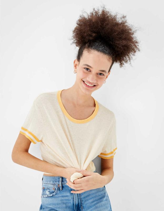AE Crew Neck Ringer Tee - Yellow, S 