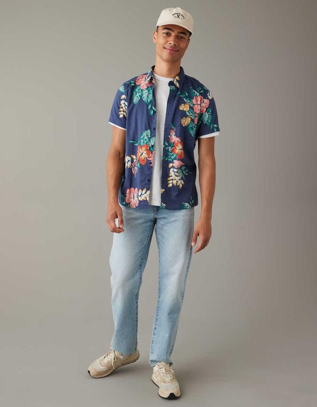 AE Tropical Button-Up Resort Shirt - Rich Navy, XL 