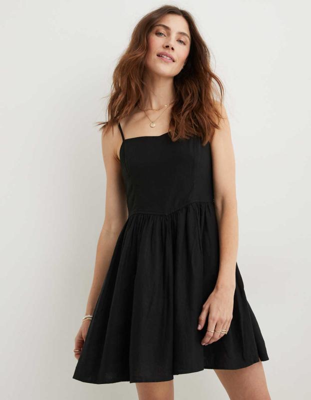 Aerie Love Of Linen Blend Mini Dress - True Black, L 