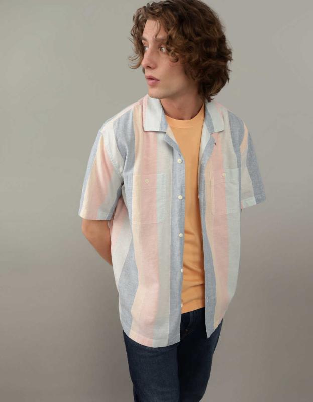 AE Linen-Blend Striped Button-Up Poolside Shirt - Multi, XXL 