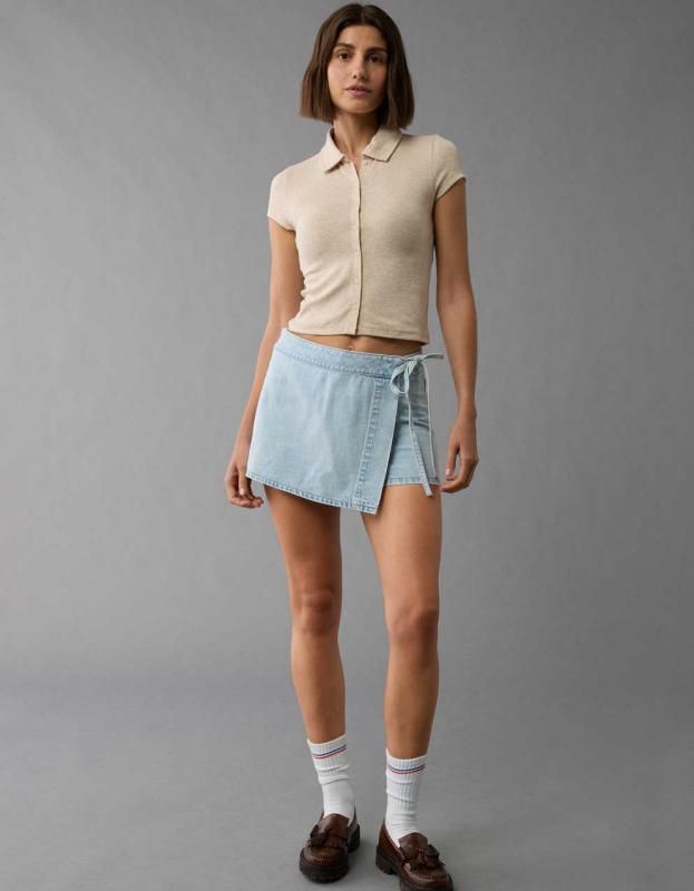 AE Collared Button-Up T-Shirt - Oatmeal Heather, M 