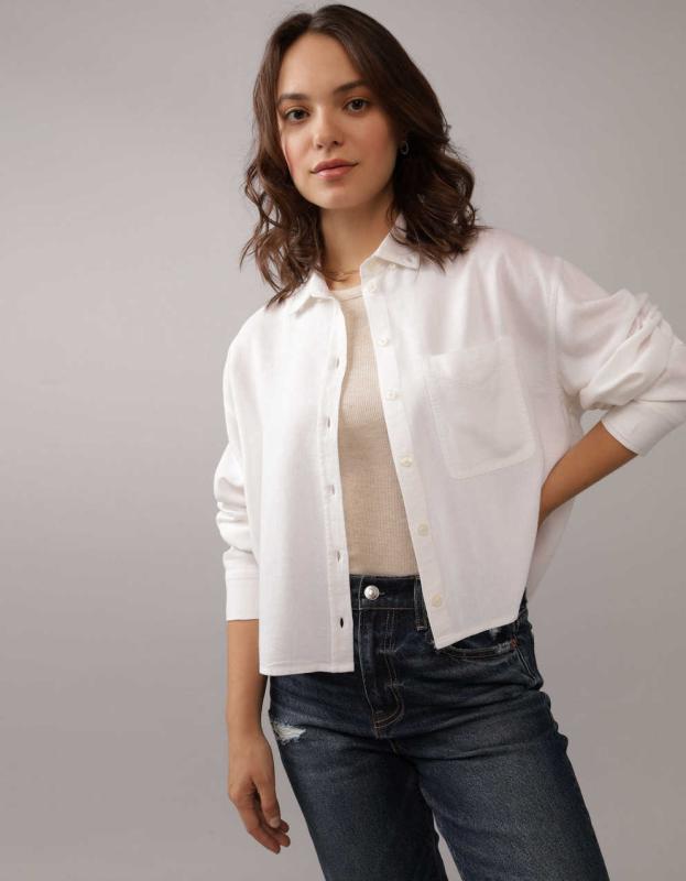 AE Cropped Button Up Shirt - White, L 