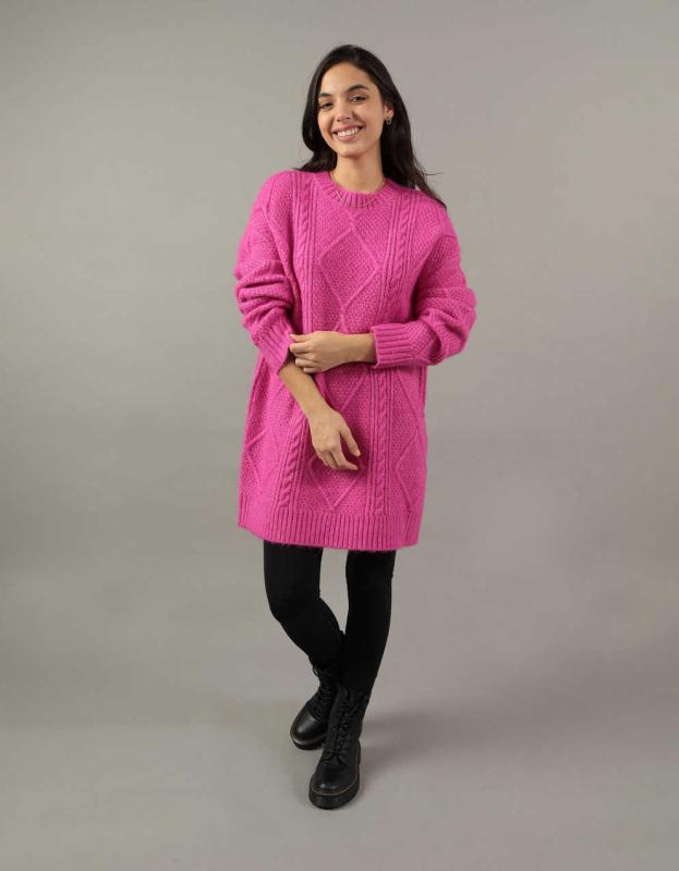 AE Oversized Cable Knit Sweater Dress - Pink, L 