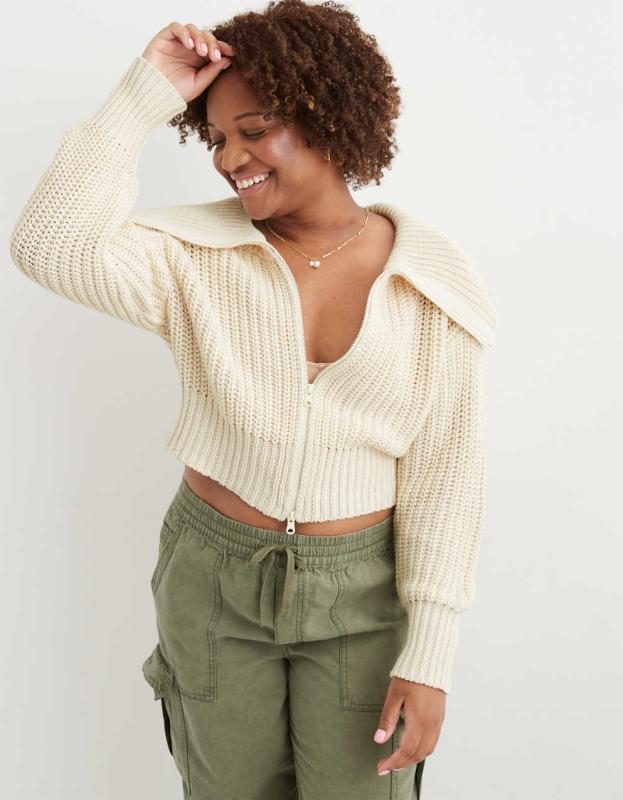 Aerie Double Zip Cardigan - Toasted Coconut, XXS 