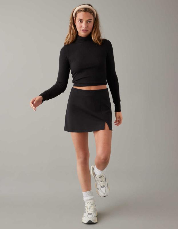 AE Long-Sleeve Cropped Hey Baby Mock Neck T-Shirt - Black, XXS 