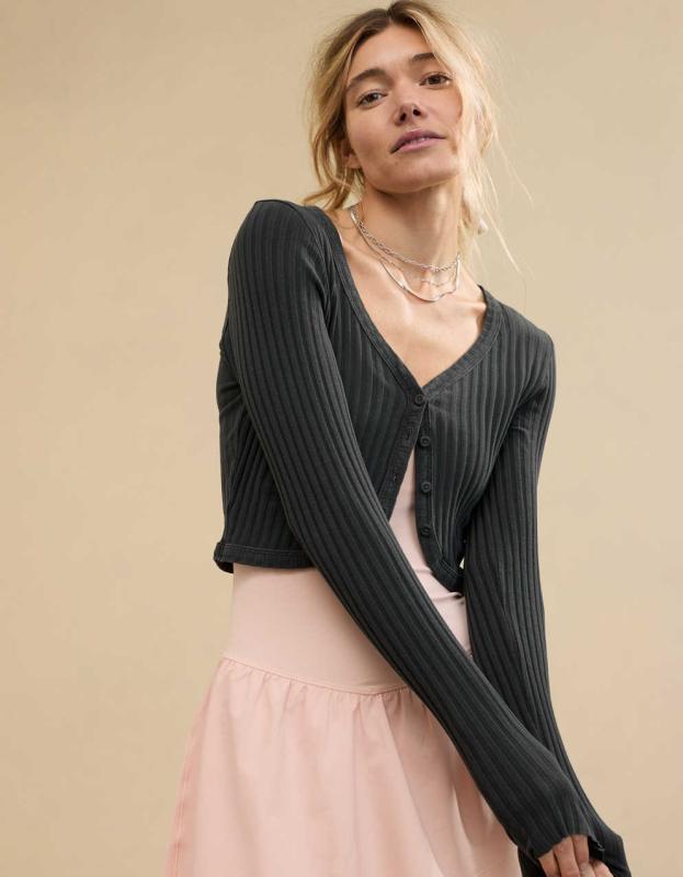 Aerie Cropped Ribbed Cardigan - Smoked Gray, M 