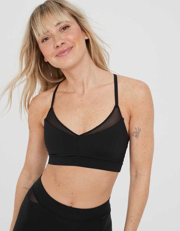 OFFLINE By Aerie Goals Mesh V-Neck Sports Bra - True Black, S 