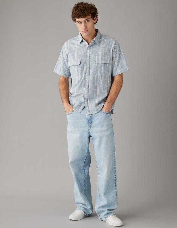 AE Striped Button-Up Poolside Shirt - Gravity Blue, XL 