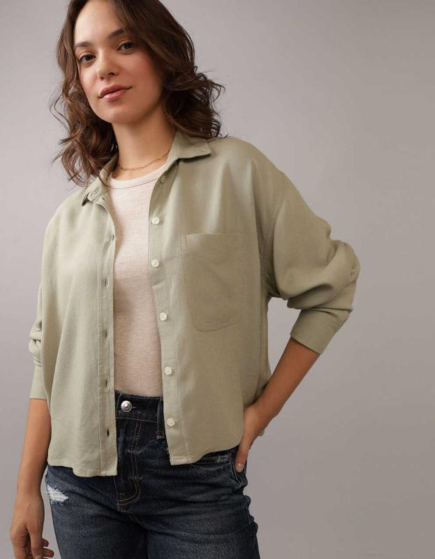 AE Cropped Button Up Shirt - Faded Olive, XXS 