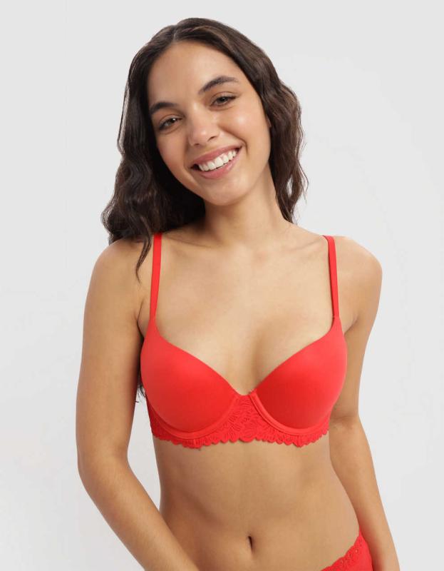 Sunnie Demi Push Up Blossom Lace Trim Bra - Holiday Red, 75B 