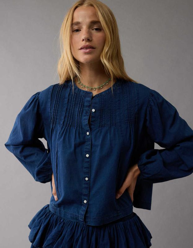 AE Pintucked Long-Sleeve Blouse - Dark Wash, XS 