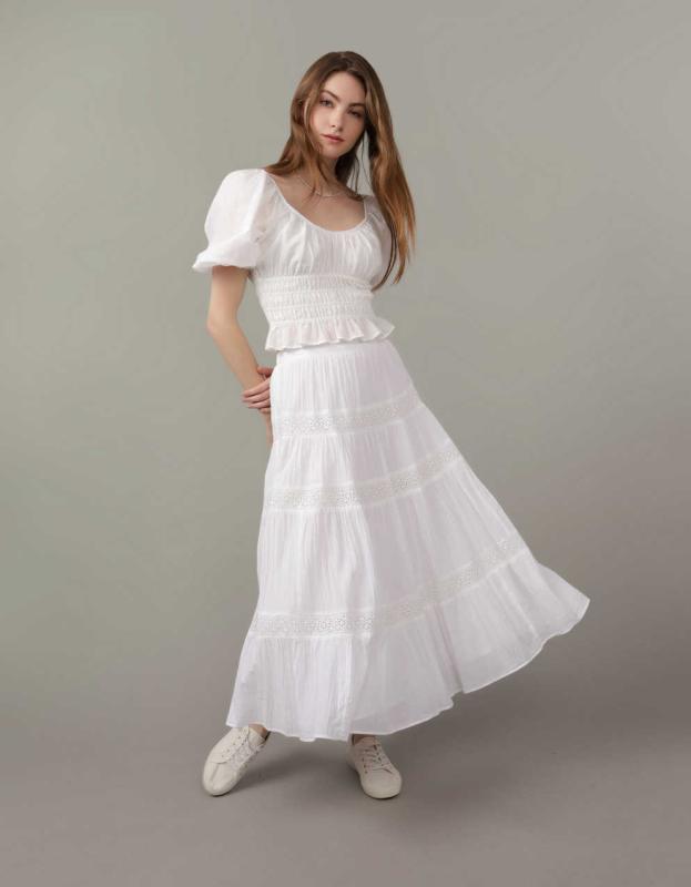 AE Square Neck Smocked Babydoll Blouse - White, L 