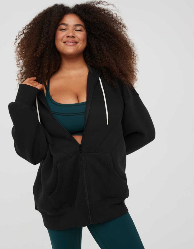 OFFLINE By Aerie Cloud Fleece Full Zip Sweatshirt - True Black, XXS 