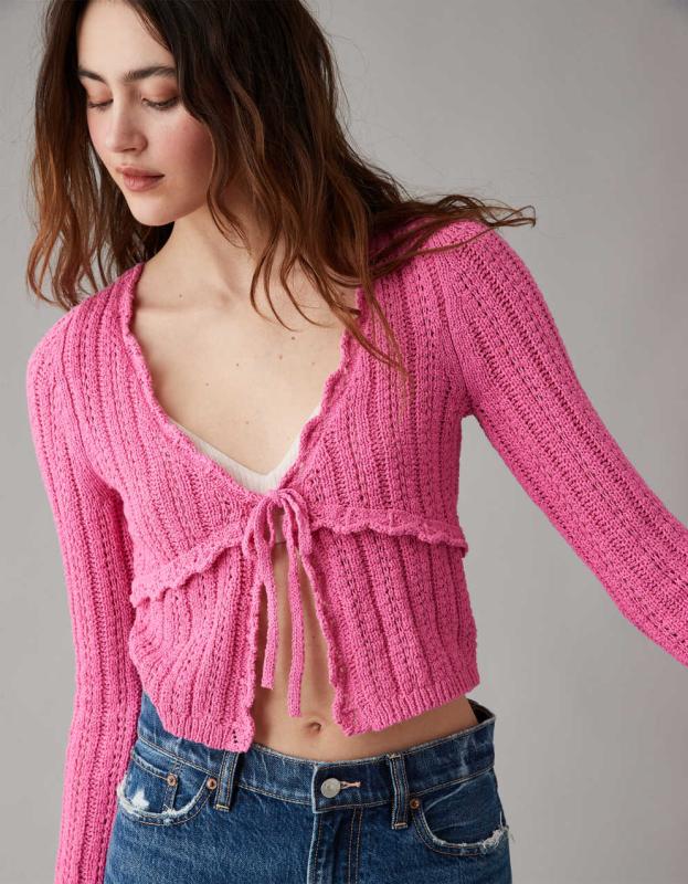 AE Crochet Tie-Front Cardigan - Pink, M 