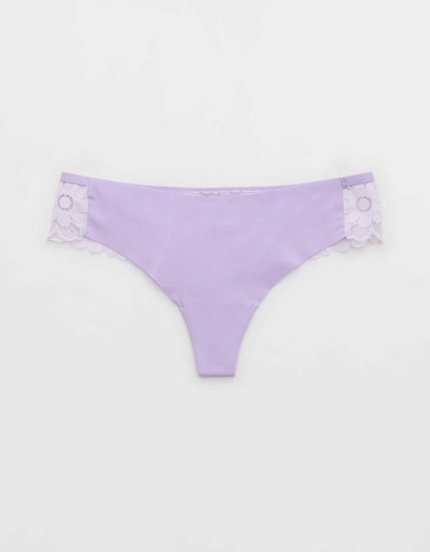 SMOOTHEZ No Show Lace Thong Underwear - Purple Wash, S 