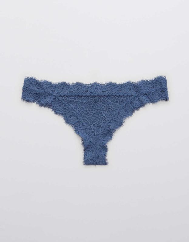 Aerie Eyelash Lace Thong Underwear - Marbled Blue, M 