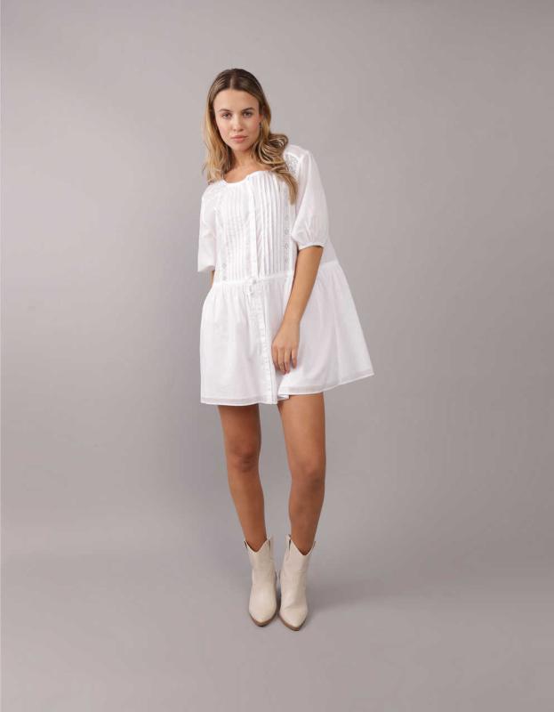 AE Button Front Tie Waist Mini Dress - White, S 