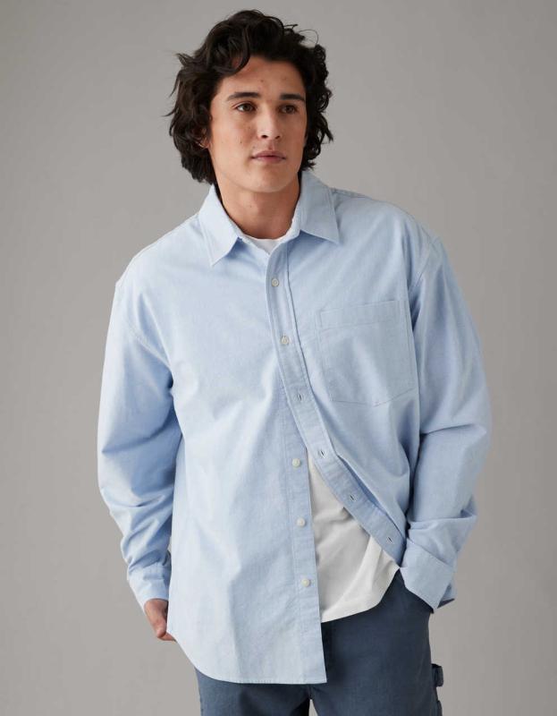 AE Everyday Oxford Button-Up Shirt - Ice Blue, S 