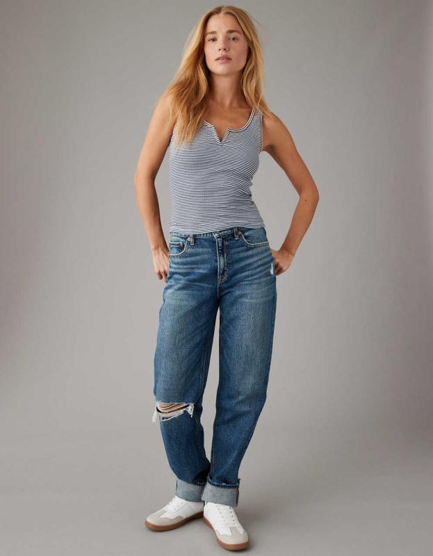 AE Cropped Notch Neck Tank Top - Navy, XXS 