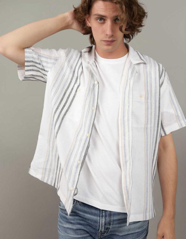 AE Striped Linen-Blend Button-Up Poolside Shirt - Air White, XS 