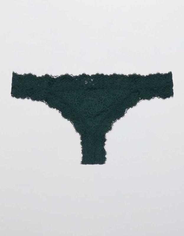 Aerie Eyelash Lace Thong Underwear - Deep Forest Green, XS 