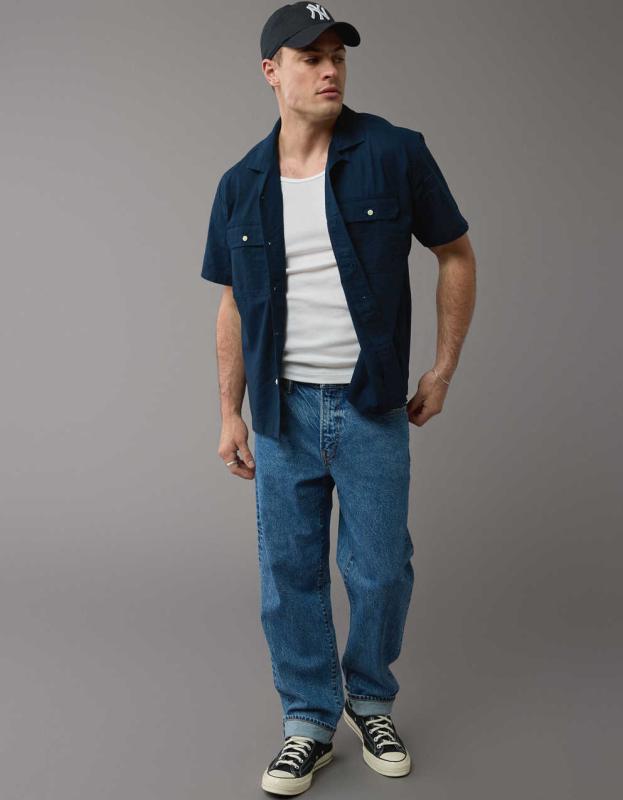 AE Linen-Blend Button-Up Poolside Shirt - Navy, M 