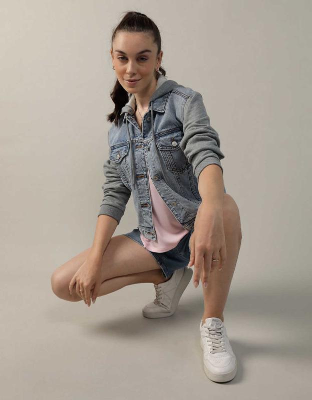 AE Strigid Classic Denim Sweatshirt Jacket - Light Wash, XS 