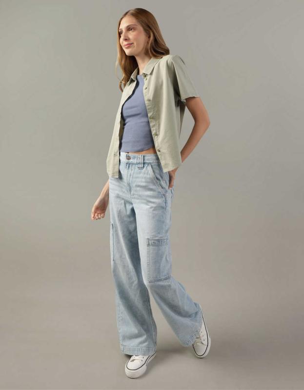 AE Short Sleeve Button Up Shirt - Olive, M 