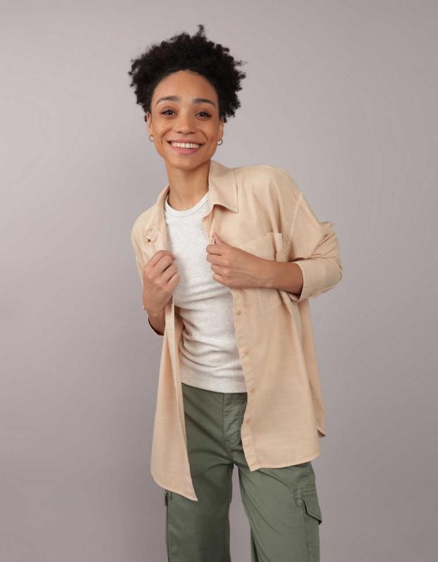 AE Perfect Button-Up Shirt - Tan, M 