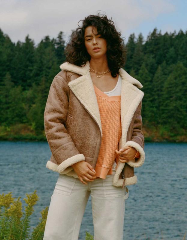 AE Oversized Vegan Shearling Moto Jacket - Brown, XXS 