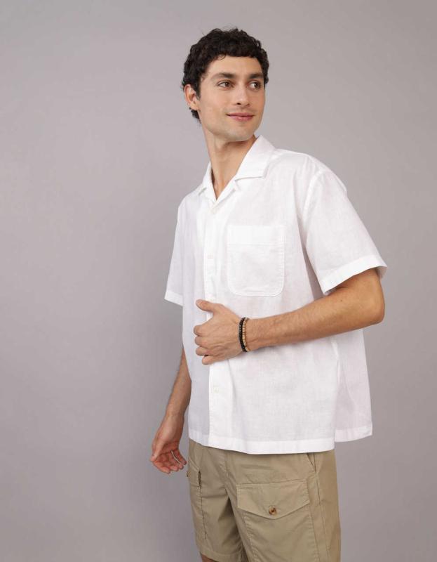 AE Linen-Blend Button-Up Poolside Shirt - Soft Muslin, M 