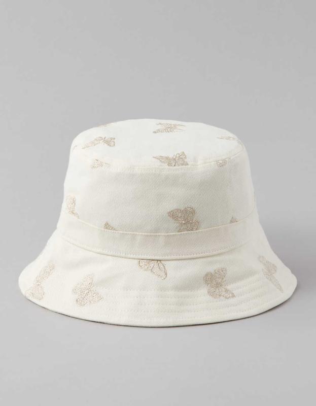 AE Embroidered Butterfly Bucket Hat - Ecru Denim, One Size 
