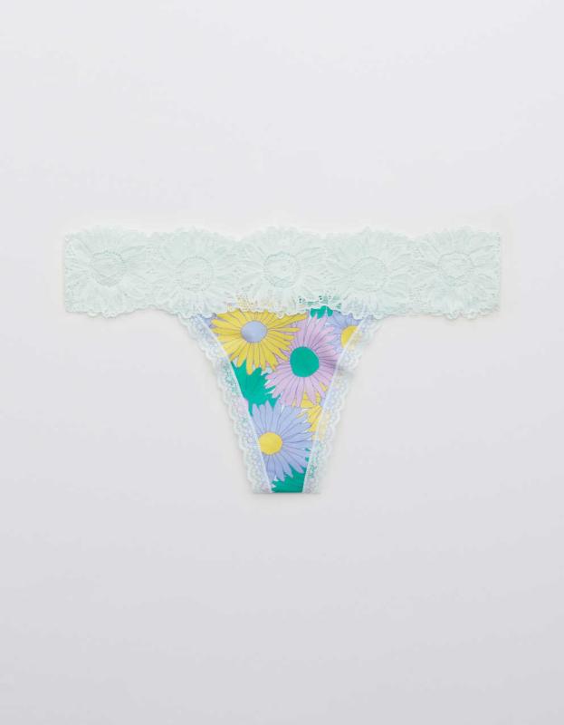Aerie Shine Sunflower Lace Thong Underwear - Dusty Seafoam, L 