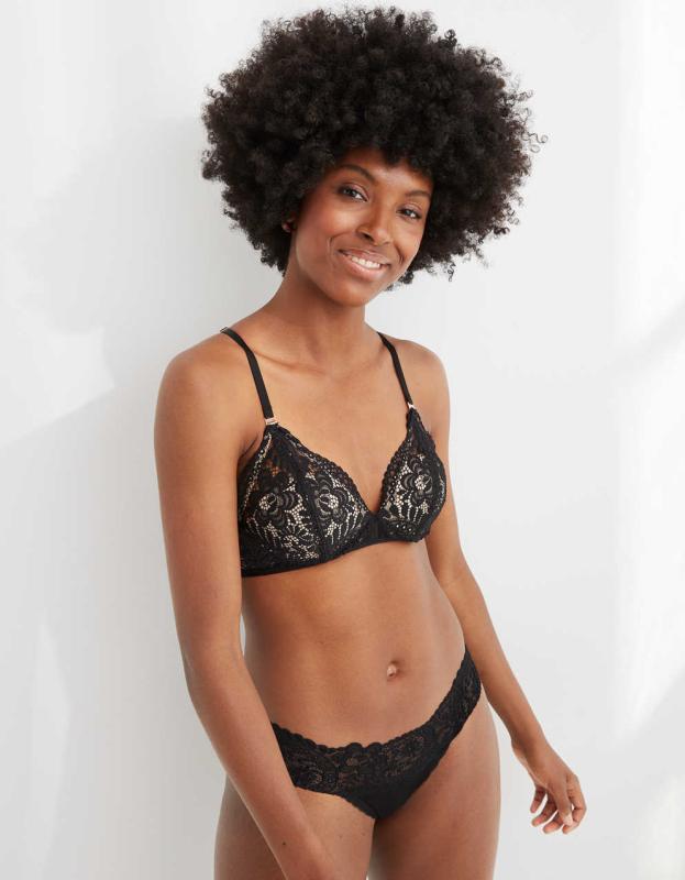 Aerie Real Power Wireless Push Up Far Out Lace Bra - Black, 75A 