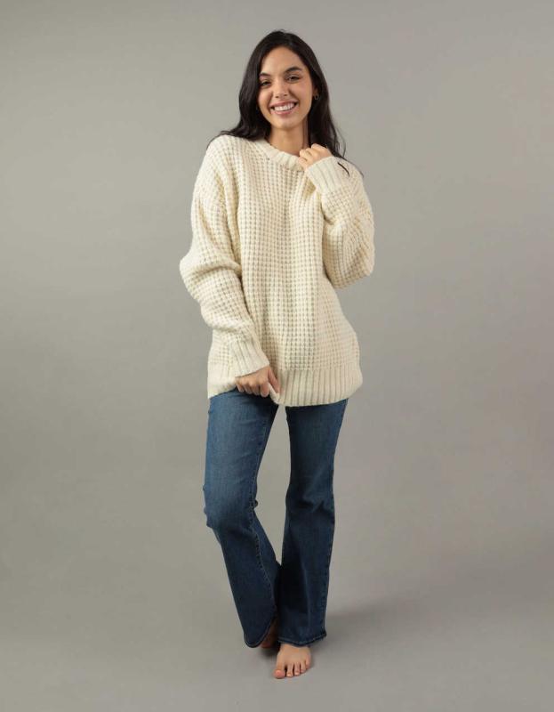 AE Oversized Waffle Crewneck Sweater - Cream, M 