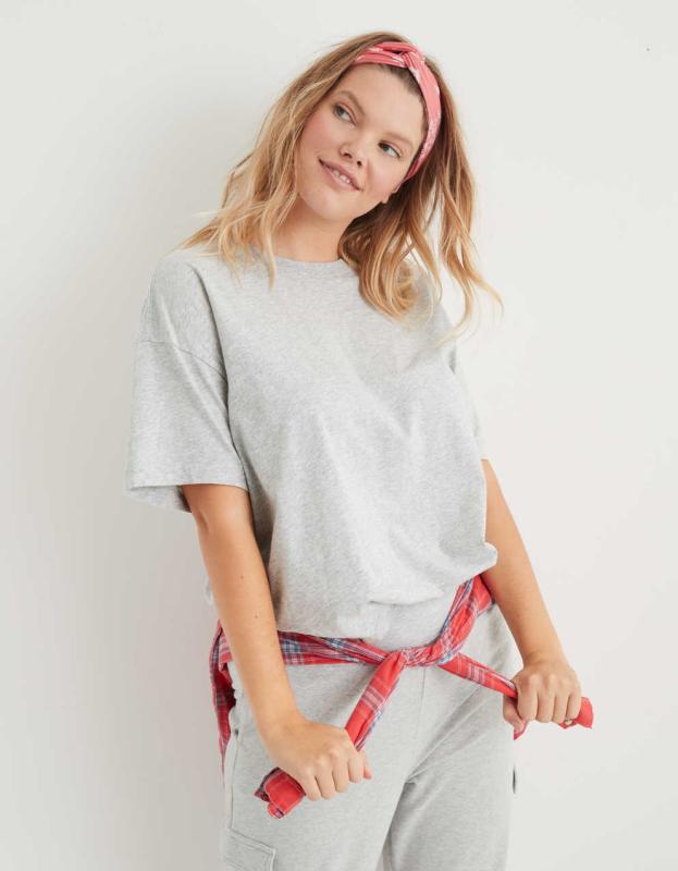Aerie Distressed Boyfriend T-Shirt - Medium Heather Gray, L 