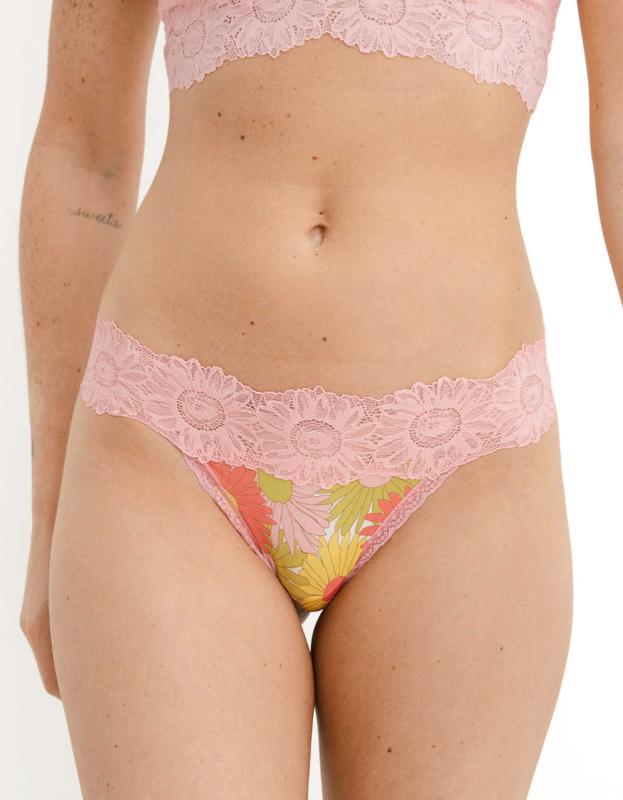 Aerie Shine Sunflower Lace Thong Underwear - Quartz Pink, S 