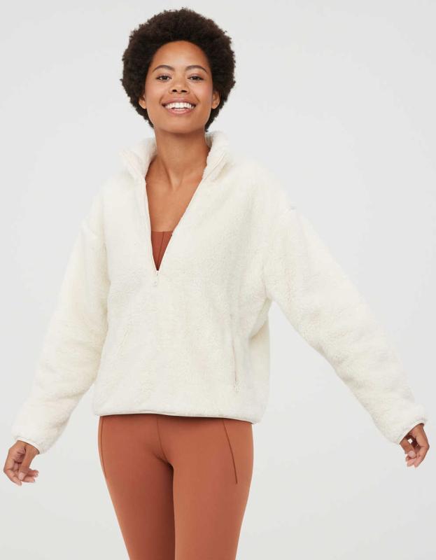 OFFLINE By Aerie Fluffy Sherpa Quarter Zip Sweatshirt - Toasted Coconut, M 