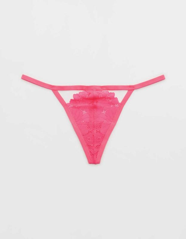 Aerie Poppy Lace Cut Out String Thong Underwear - Coral Sun, S 