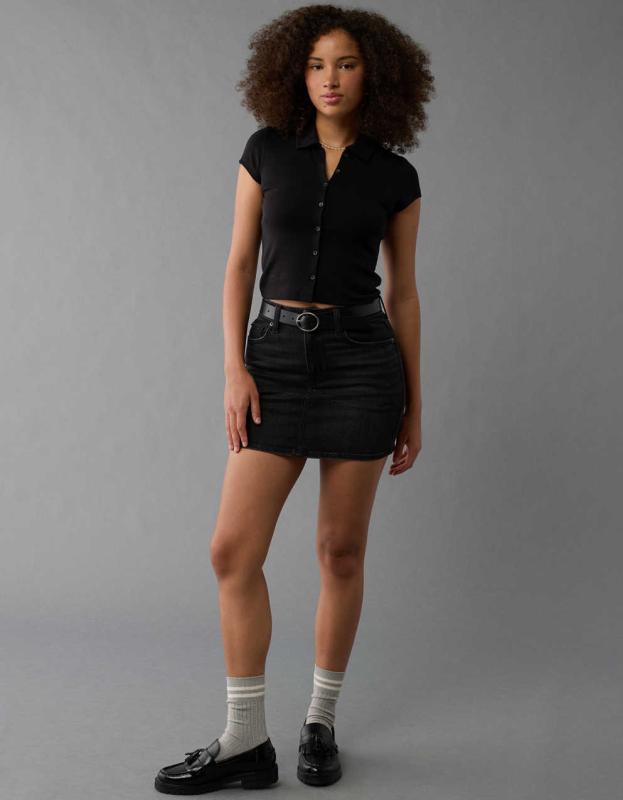 AE Collared Button-Up T-Shirt - Black, L 