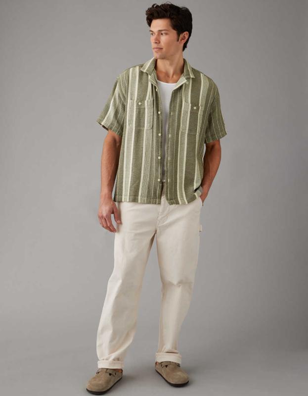 AE Striped Button-Up Poolside Shirt - Willow Green, M 