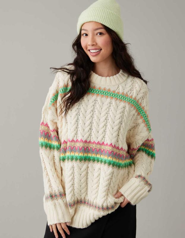 AE Cable-Knit Fair Isle Sweater - Ivory, L 