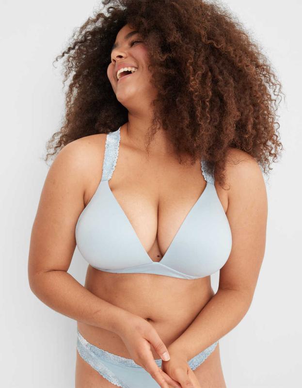 Aerie Real Sunnie Wireless Lightly Lined Blossom Lace Strap Bra - Cloudy Blue, 70C 