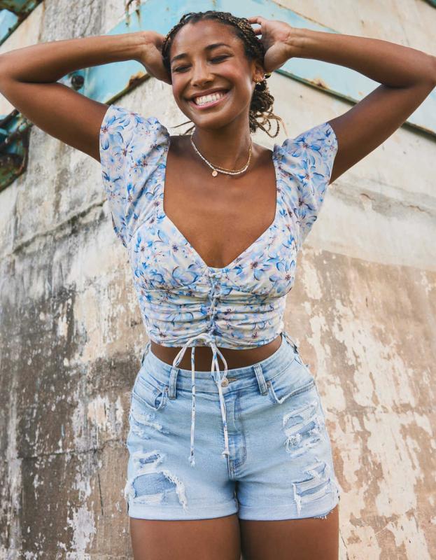 AE Flutter-Sleeve Corset Blouse - Light Blue, L 